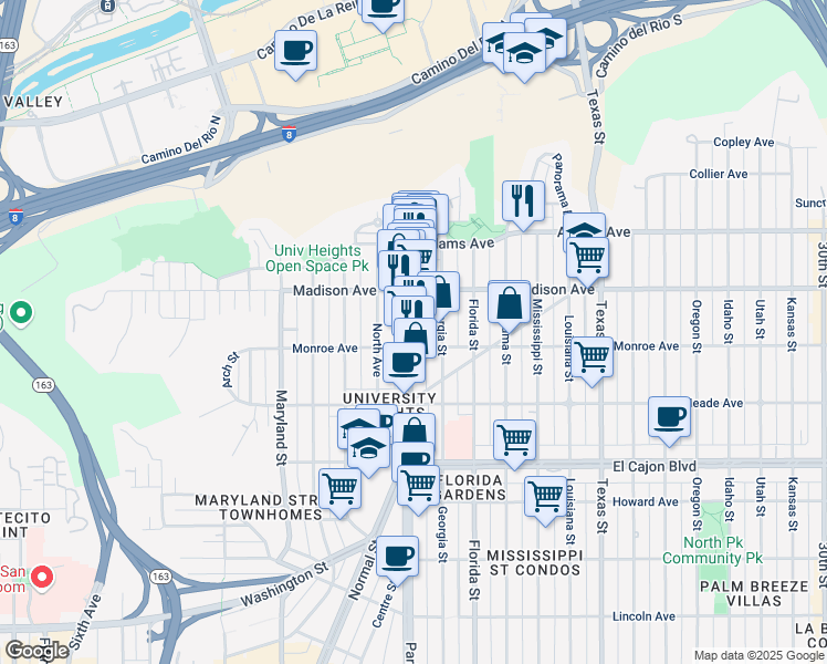 map of restaurants, bars, coffee shops, grocery stores, and more near 4527 Park Boulevard in San Diego