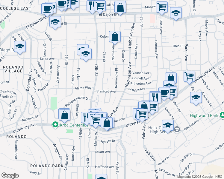 map of restaurants, bars, coffee shops, grocery stores, and more near 7118 Stanford Avenue in La Mesa