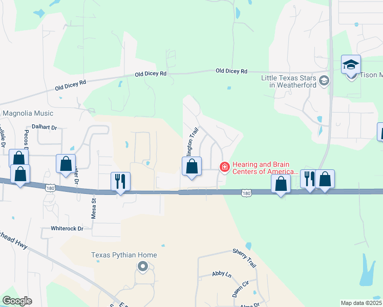 map of restaurants, bars, coffee shops, grocery stores, and more near 222 Wellington Trail in Weatherford