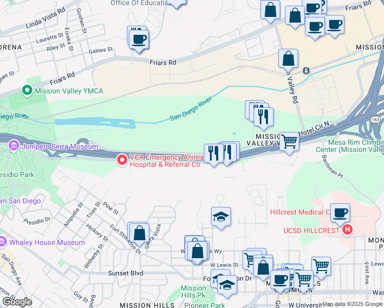 map of restaurants, bars, coffee shops, grocery stores, and more near 1625 Hotel Circle North in San Diego