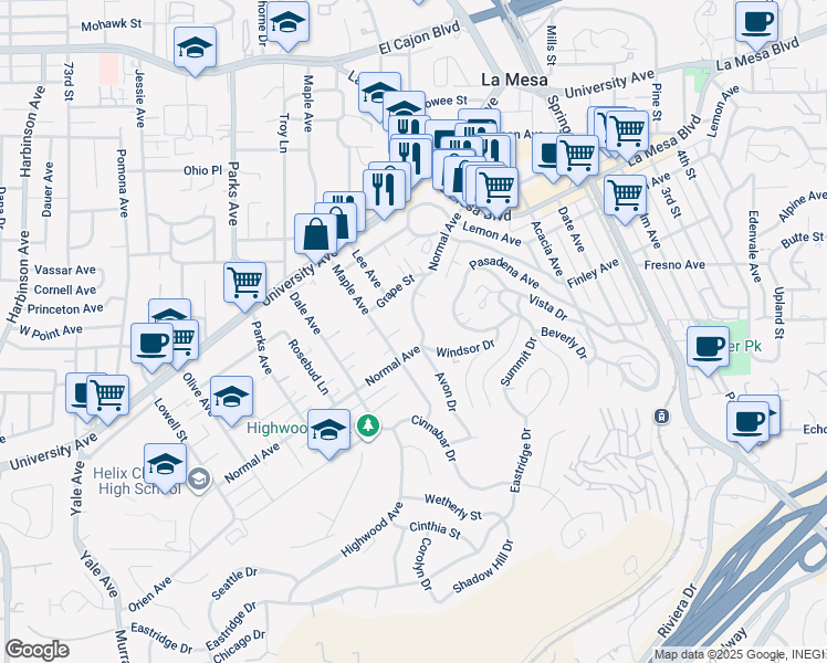 map of restaurants, bars, coffee shops, grocery stores, and more near 7924 Normal Avenue in La Mesa