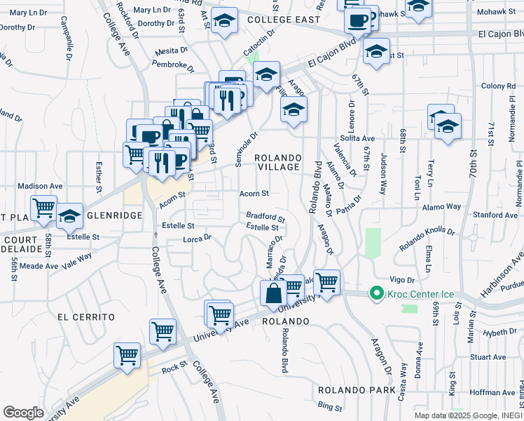 map of restaurants, bars, coffee shops, grocery stores, and more near 6501 Acorn Street in San Diego