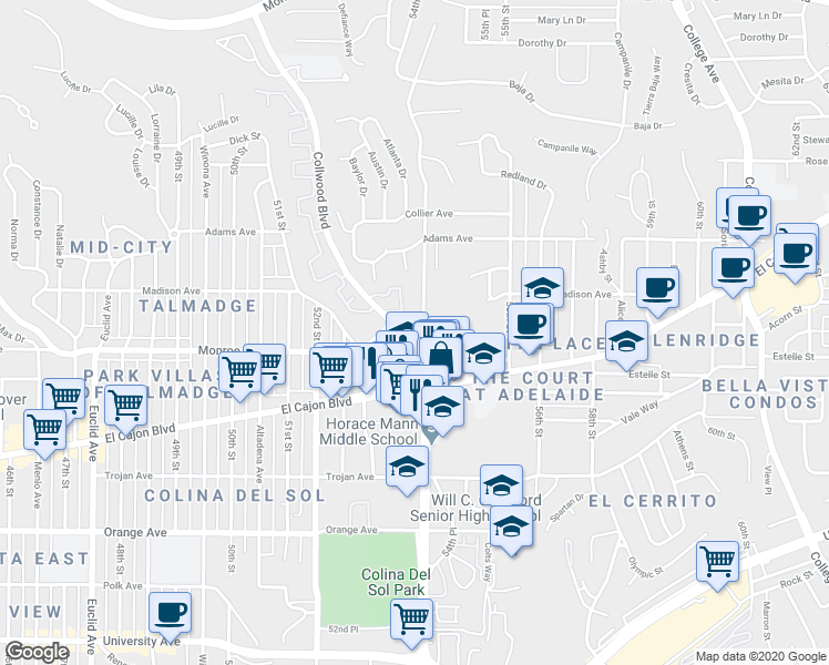 map of restaurants, bars, coffee shops, grocery stores, and more near 4533 54th Street in San Diego