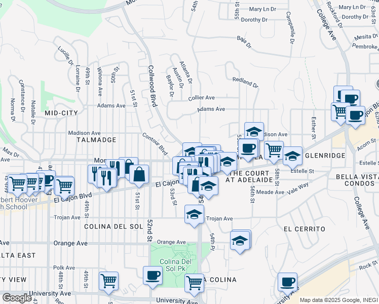 map of restaurants, bars, coffee shops, grocery stores, and more near in San Diego