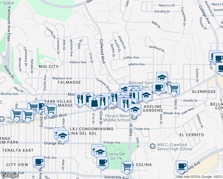map of restaurants, bars, coffee shops, grocery stores, and more near 4545 Contour Boulevard in San Diego