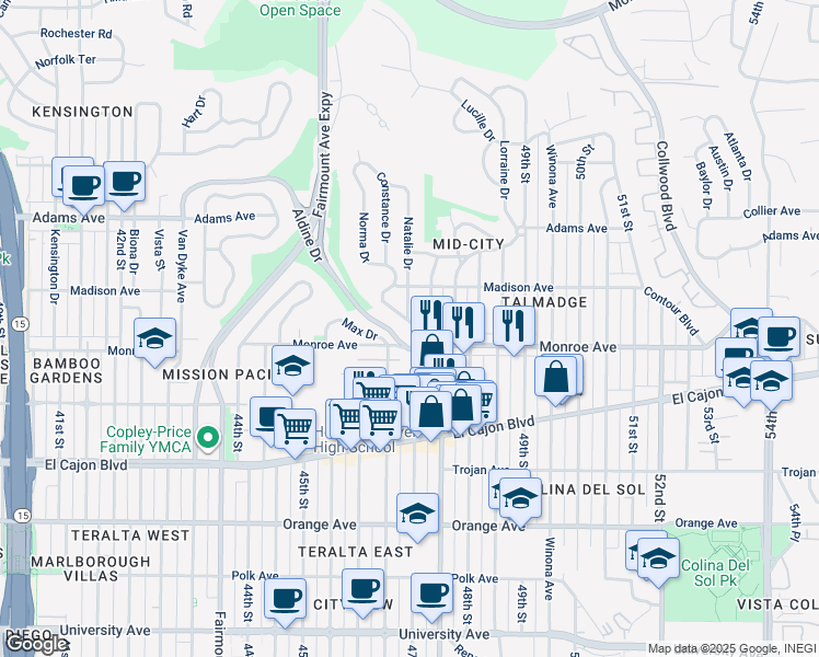 map of restaurants, bars, coffee shops, grocery stores, and more near 4552 47th Street in San Diego