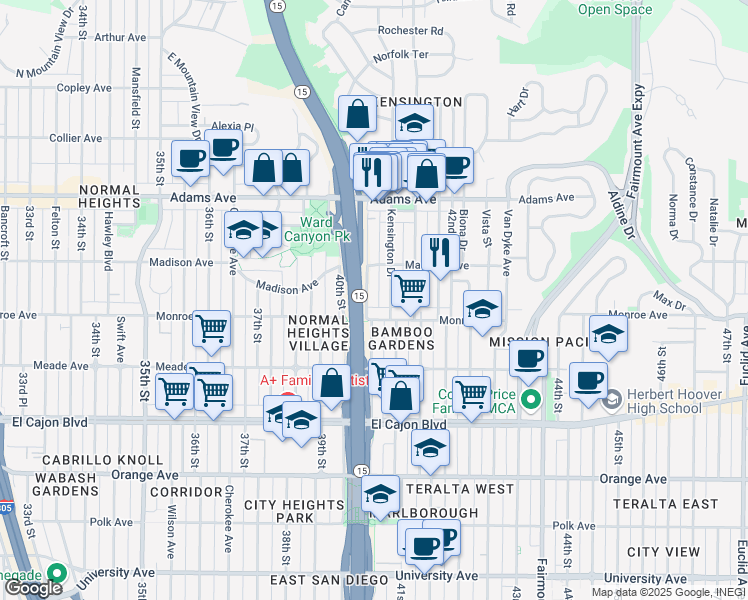 map of restaurants, bars, coffee shops, grocery stores, and more near 4547 Terrace Drive in San Diego