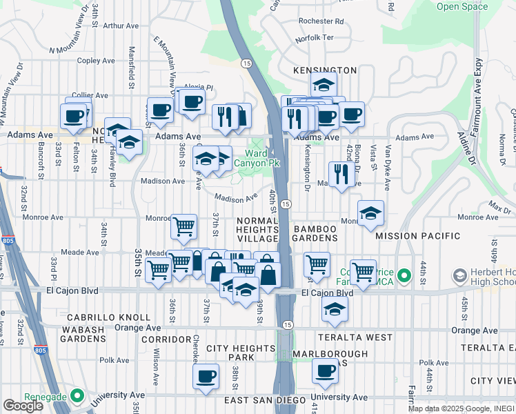map of restaurants, bars, coffee shops, grocery stores, and more near 3845 Madison Avenue in San Diego
