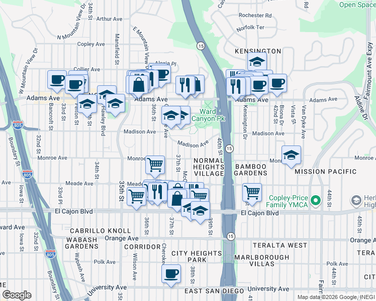 map of restaurants, bars, coffee shops, grocery stores, and more near 3735 Madison Avenue in San Diego