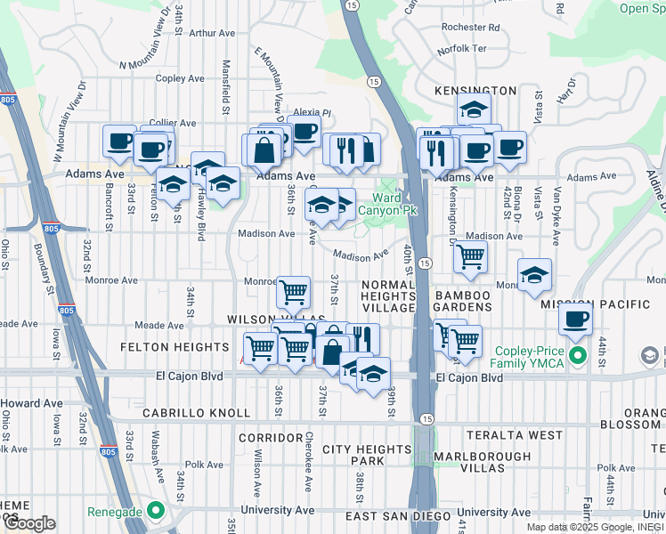 map of restaurants, bars, coffee shops, grocery stores, and more near 3735 Madison Avenue in San Diego