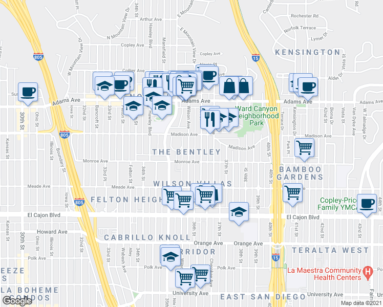 map of restaurants, bars, coffee shops, grocery stores, and more near 4546 36th Street in San Diego