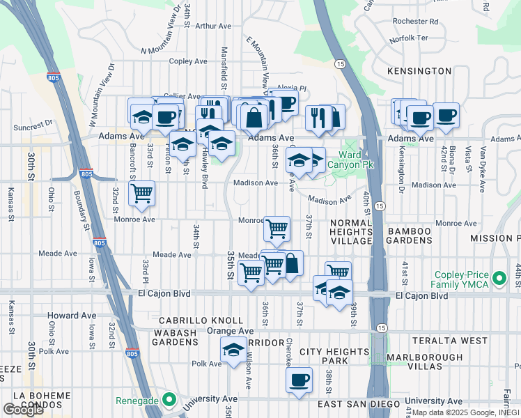 map of restaurants, bars, coffee shops, grocery stores, and more near 4546 36th Street in San Diego