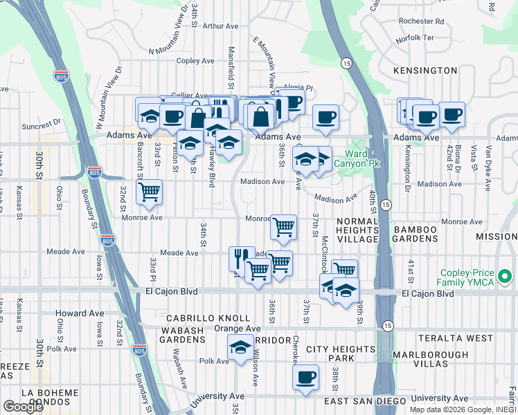 map of restaurants, bars, coffee shops, grocery stores, and more near 4599 35th Place in San Diego
