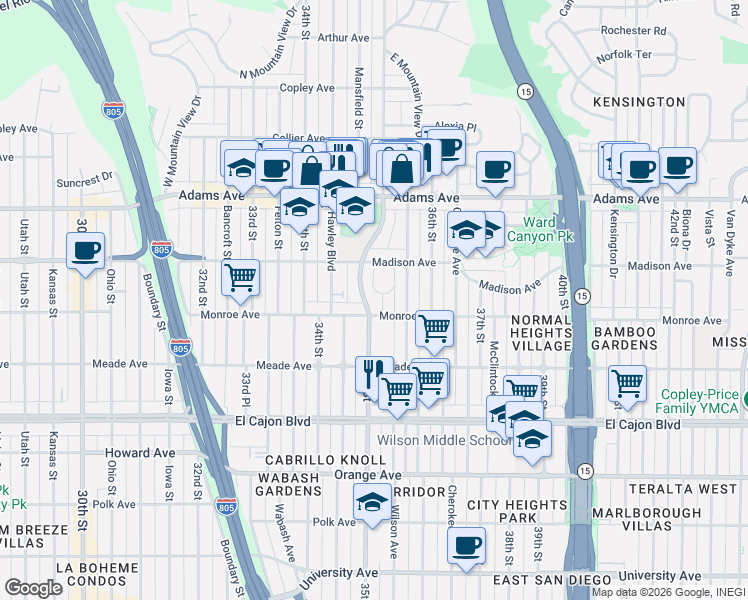 map of restaurants, bars, coffee shops, grocery stores, and more near 4599 35th Place in San Diego
