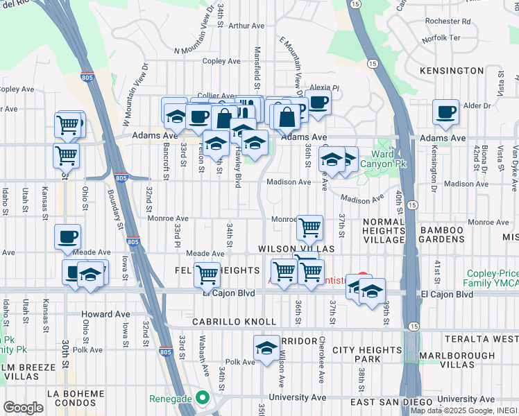 map of restaurants, bars, coffee shops, grocery stores, and more near 4544 35th Street in San Diego