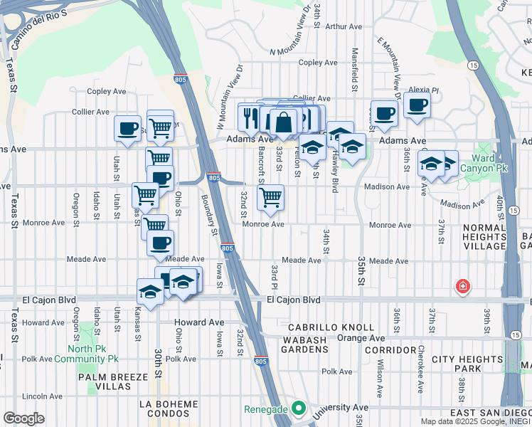 map of restaurants, bars, coffee shops, grocery stores, and more near 4550 33rd Street in San Diego