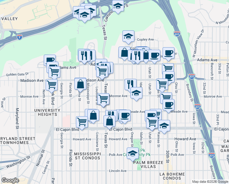 map of restaurants, bars, coffee shops, grocery stores, and more near 4546 Arizona Street in San Diego