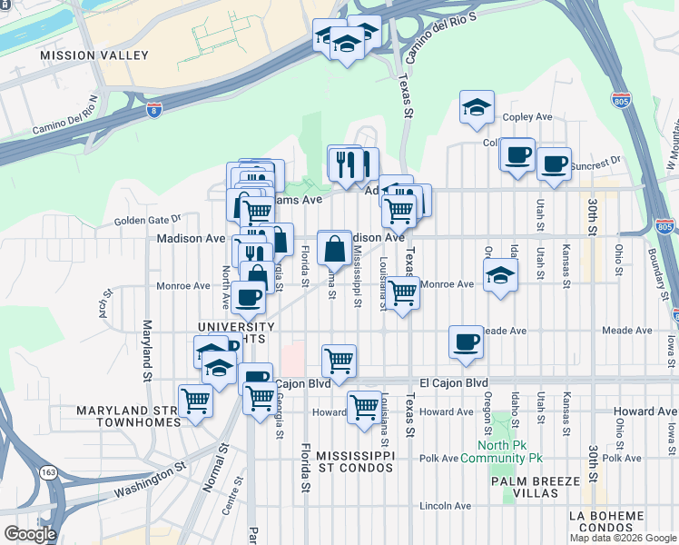 map of restaurants, bars, coffee shops, grocery stores, and more near 4525 Alabama Street in San Diego