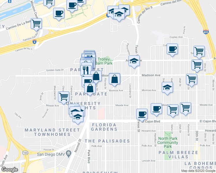 map of restaurants, bars, coffee shops, grocery stores, and more near 4546 Florida Street in San Diego