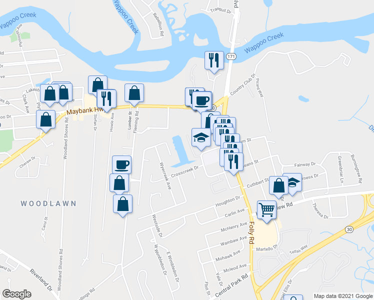 map of restaurants, bars, coffee shops, grocery stores, and more near 11 Town Park Lane in Charleston