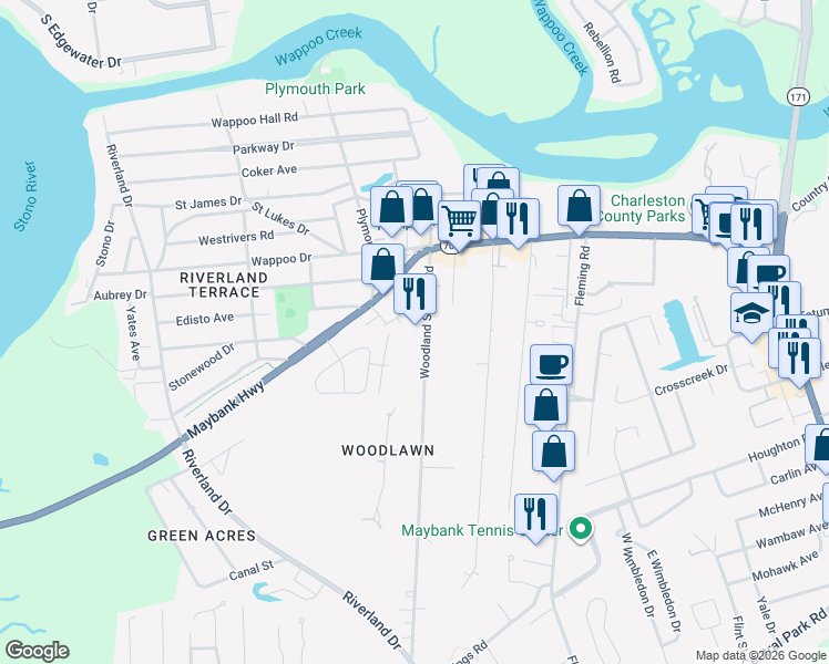 map of restaurants, bars, coffee shops, grocery stores, and more near 245 Woodland Shores Road in Charleston
