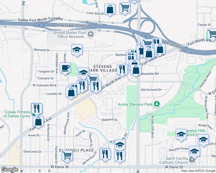 map of restaurants, bars, coffee shops, grocery stores, and more near in Dallas
