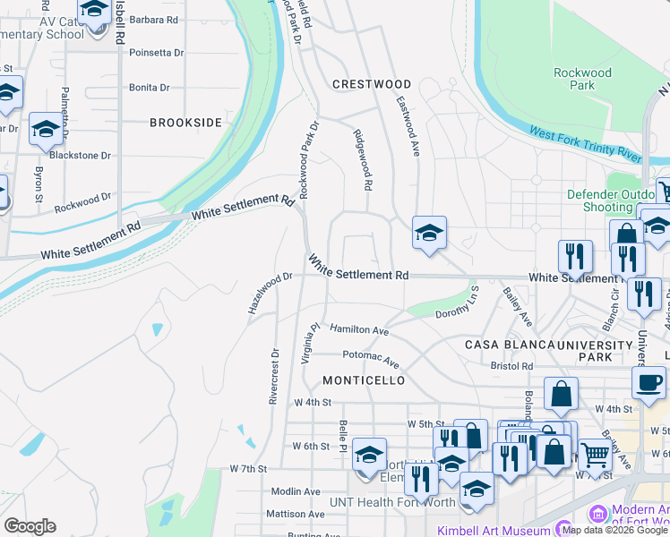 map of restaurants, bars, coffee shops, grocery stores, and more near 3900 White Settlement Road in Fort Worth