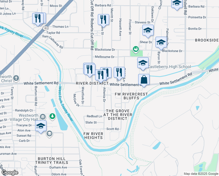 map of restaurants, bars, coffee shops, grocery stores, and more near 5017 White Settlement Road in Fort Worth
