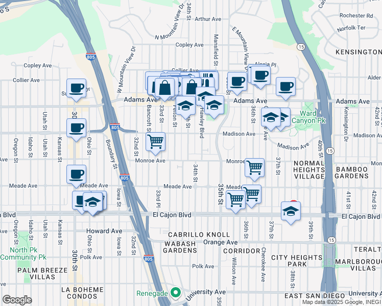 map of restaurants, bars, coffee shops, grocery stores, and more near 4525 34th Street in San Diego