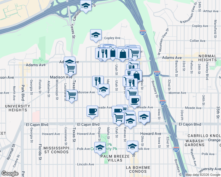 map of restaurants, bars, coffee shops, grocery stores, and more near 4519 Idaho Street in San Diego