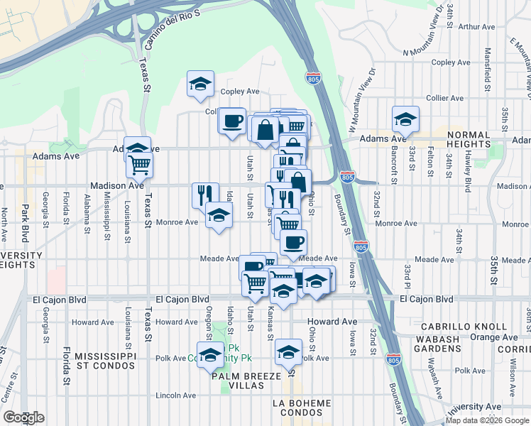 map of restaurants, bars, coffee shops, grocery stores, and more near 4518 Kansas Street in San Diego
