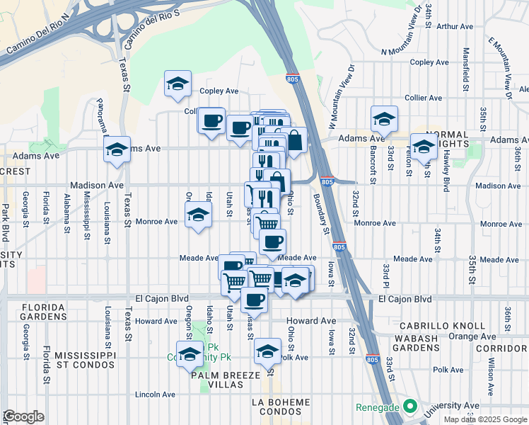 map of restaurants, bars, coffee shops, grocery stores, and more near 4518 30th Street in San Diego