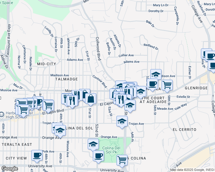 map of restaurants, bars, coffee shops, grocery stores, and more near 4527 Contour Boulevard in San Diego
