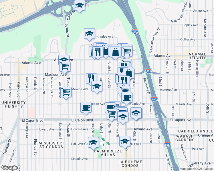 map of restaurants, bars, coffee shops, grocery stores, and more near 4522 Utah Street in San Diego