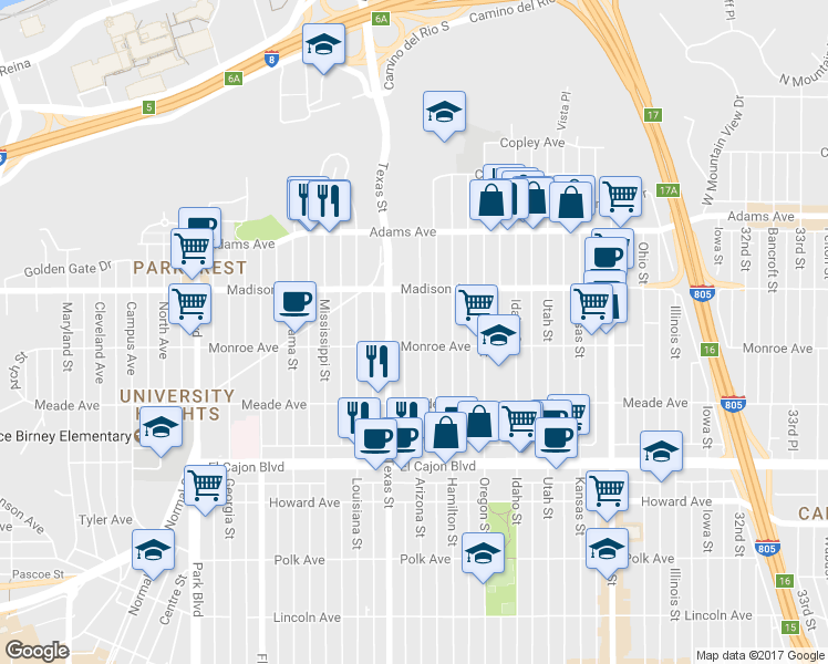map of restaurants, bars, coffee shops, grocery stores, and more near 4520 Arizona Street in San Diego