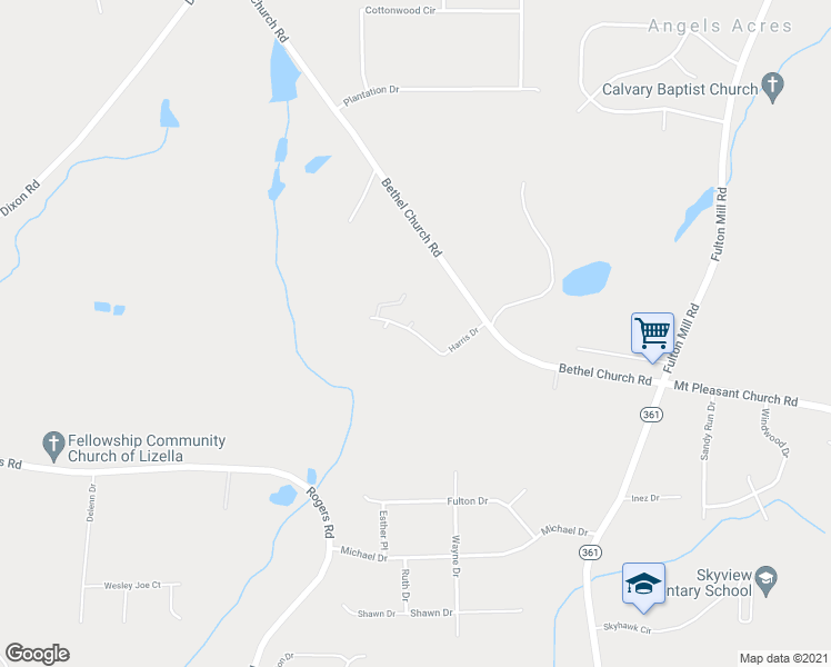 map of restaurants, bars, coffee shops, grocery stores, and more near 5164 Harris Drive in Lizella