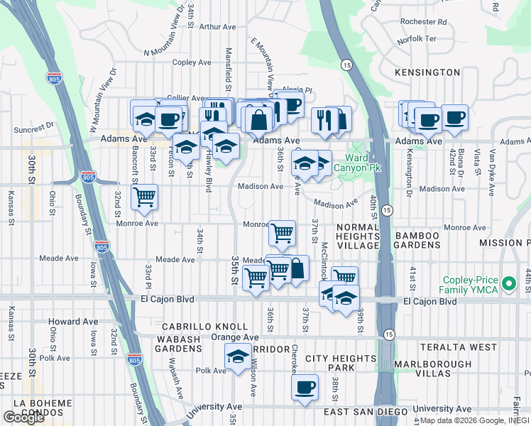 map of restaurants, bars, coffee shops, grocery stores, and more near 4515 Wilson Avenue in San Diego