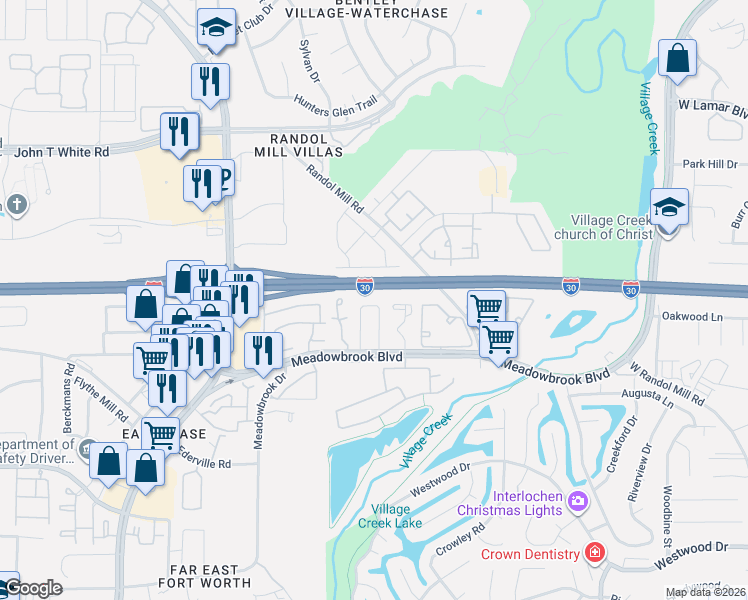 map of restaurants, bars, coffee shops, grocery stores, and more near 1401 Palmnold Circle East in Fort Worth
