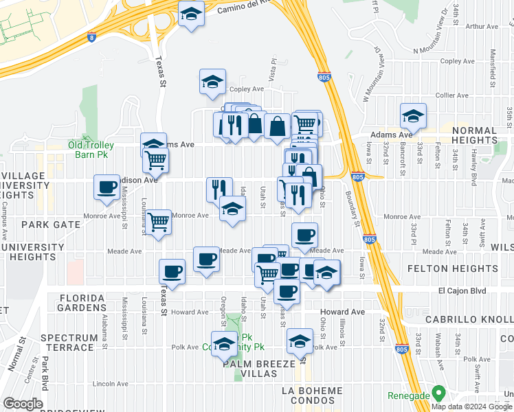 map of restaurants, bars, coffee shops, grocery stores, and more near 4522 Utah Street in San Diego