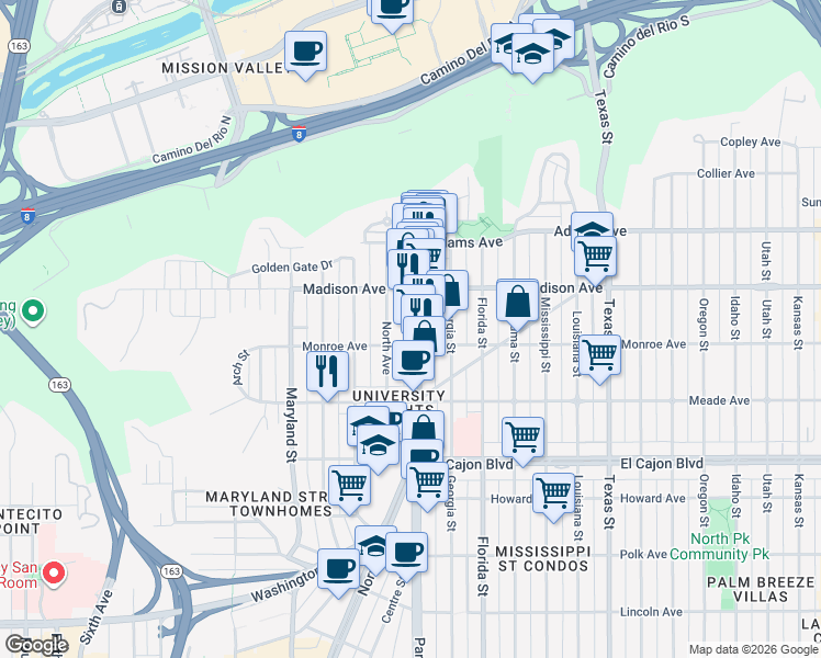 map of restaurants, bars, coffee shops, grocery stores, and more near 4553 North Avenue in San Diego