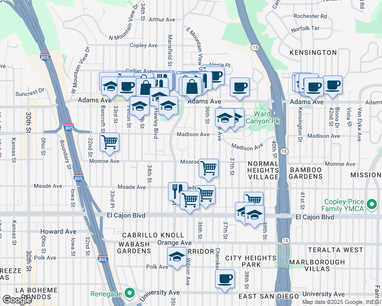 map of restaurants, bars, coffee shops, grocery stores, and more near 4599 35th Place in San Diego