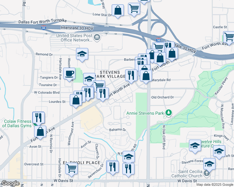 map of restaurants, bars, coffee shops, grocery stores, and more near 2400 Fort Worth Avenue in Dallas