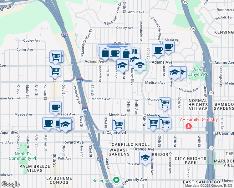 map of restaurants, bars, coffee shops, grocery stores, and more near 4525 Felton Street in San Diego