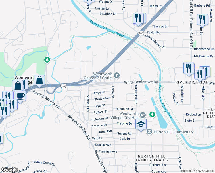 map of restaurants, bars, coffee shops, grocery stores, and more near 5814 White Settlement Road in Westworth Village