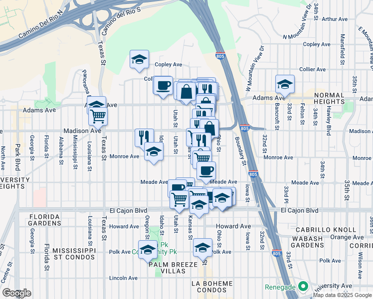 map of restaurants, bars, coffee shops, grocery stores, and more near 4540 Kansas Street in San Diego