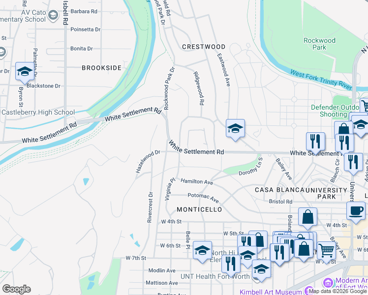 map of restaurants, bars, coffee shops, grocery stores, and more near 3900 White Settlement Road in Fort Worth