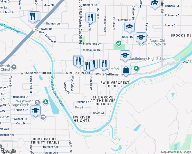 map of restaurants, bars, coffee shops, grocery stores, and more near 5017 White Settlement Road in Fort Worth