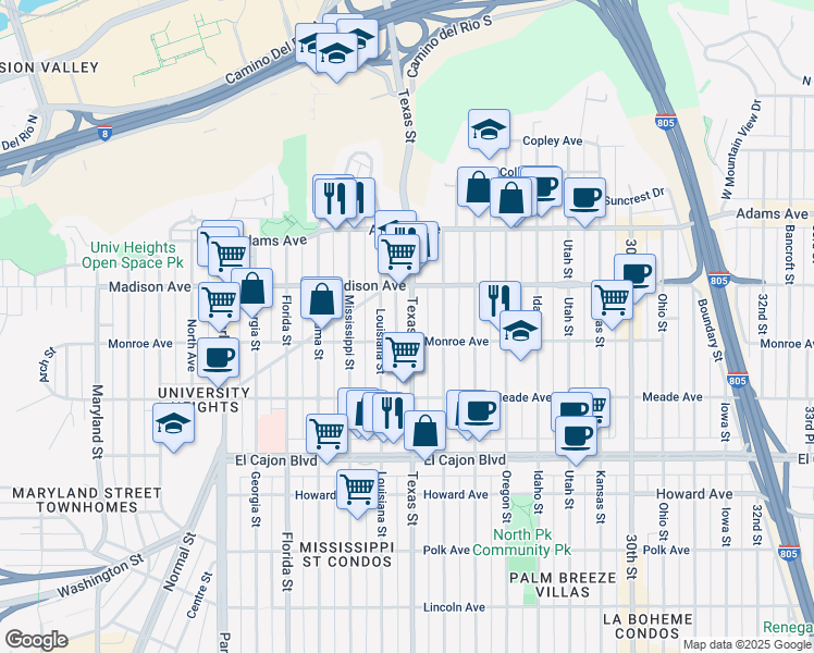 map of restaurants, bars, coffee shops, grocery stores, and more near 4522 Texas Street in San Diego
