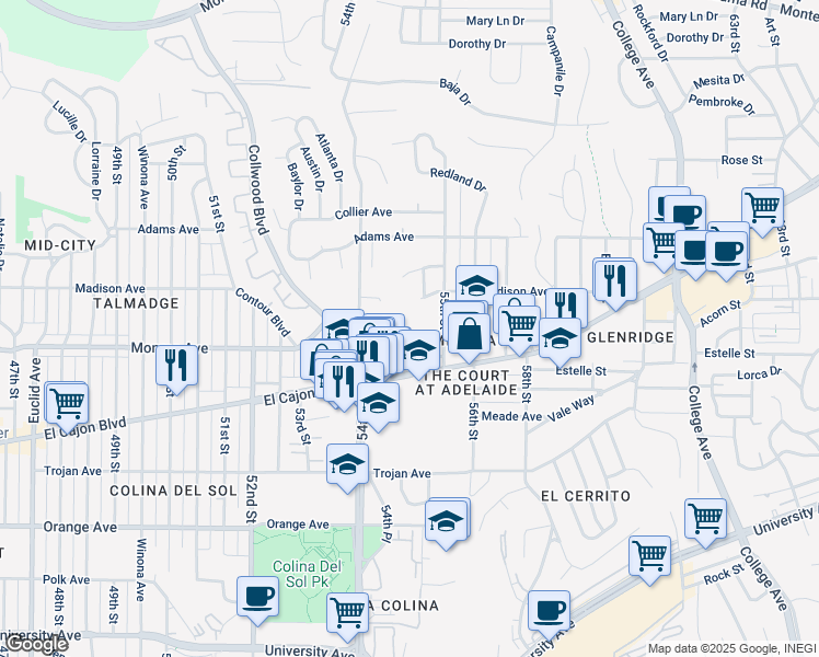 map of restaurants, bars, coffee shops, grocery stores, and more near 5442 Gilbert Drive in San Diego