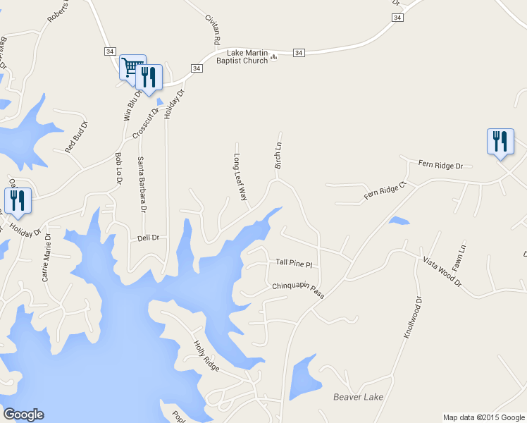 map of restaurants, bars, coffee shops, grocery stores, and more near 575 Beach Island Trace in Dadeville